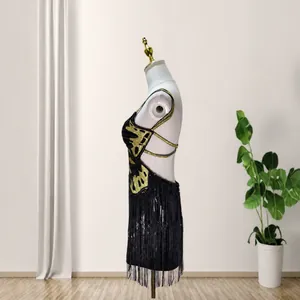 Sleeveless velvet mini dress with gold sequin pattern and long tassels for evening parties