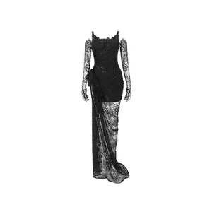 Robe de soirée élégante en dentelle noire avec col en U, fente et gants assortis