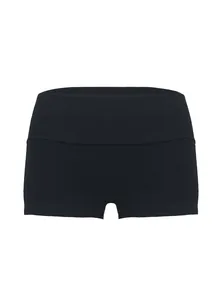 Front view of solid black high-waisted yoga shorts featuring a fold-over waistband design