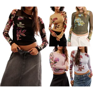 Top à Manches Longues en Mesh Double Couche Ajusté pour Femmes Imprimé Numérique Floral Vintage Col Rond T-Shirt en Mesh Esthétique Y2K