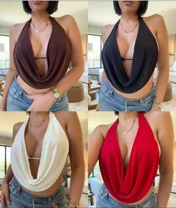Detail view of sexy draped deep V-neck halter tops shown in four stylish colors