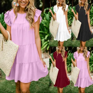 Women Summer Polyester Ruffle Sleeve Tiered Dress Casual Solid Color Round Neck Pleated Patchwork Loose Midi Dress
