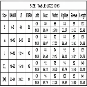Detailed size guide for women's long-sleeve jumpsuit with bust and waist measures.