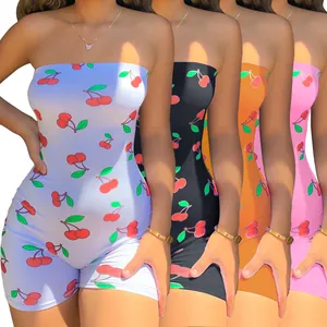 Multi-color cherry print tube top rompers showcasing white, black, orange, and pink variants