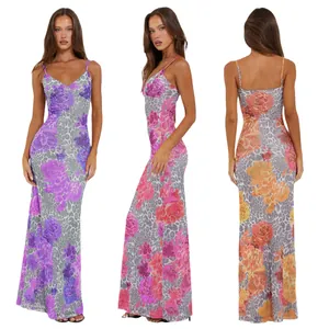 Detailed multi-angle views of a slim fit mesh maxi dress featuring floral and leopard print