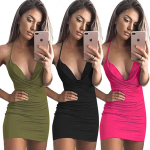 Women Sexy Backless Halter Dress Cowl Neck Ruched Bodycon Mini Party Dress Polyester Cotton Blend Solid Color Sleeveless Bottom