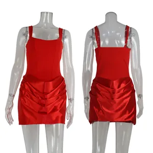 Red strappy mini dress featuring a draped satin skirt shown in front and back views.