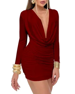 Detailed front view of a dark red cowl neck deep V-neck long sleeve ruched mini dress.