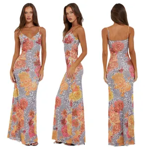 Elegant slim fit mesh maxi slip dress with floral and leopard print pattern for women