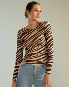 Maglia a maniche lunghe in mesh trasparente con audace motivo zebrato marrone per donna