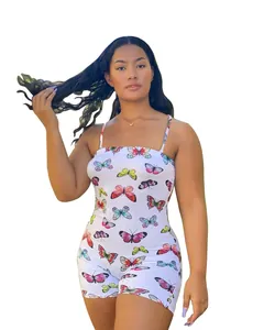 Fashionable sleeveless backless romper featuring vibrant butterfly print on white
