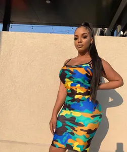 Detailed view of a sexy bodycon cami dress featuring a vibrant colorful camo print