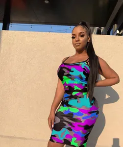 Sexy bodycon mini dress with vibrant colorful camouflage print and spaghetti straps