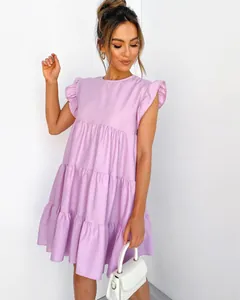 Summer lilac tiered dress with ruffled sleeves and pleated hem detail