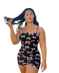 Detailed view of the vibrant butterfly print on a black backless sexy summer romper