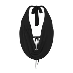 Detailed front view of a black sexy draped halter neck top featuring elegant back ties
