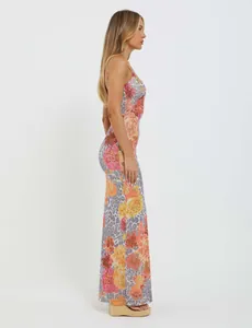 Detailed side view of a slim fit mesh maxi dress with vibrant floral and leopard print