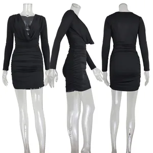 Front, side and back views of a black cowl neck long sleeve bodycon mini dress