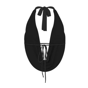 Sexy black halter neck crop top featuring a deep plunging V-neckline and front tie details