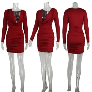 Detailed three-angle view of a red deep V-neck long sleeve ruched mini bodycon dress.