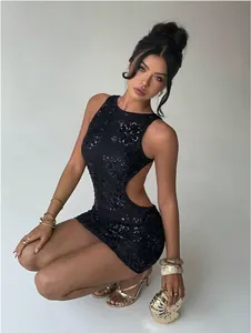 Elegant black lace backless mini dress with sparkling sequins for chic party wear