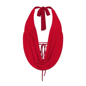 Front view detail of a vibrant red halter neck cowl top with elegant deep V-neckline