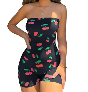 Detailed shot of a black strapless bodysuit with vibrant red cherry print for summer wear