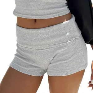 Close-up detail of grey ribbed yoga shorts featuring a stylish fold-over high waistband