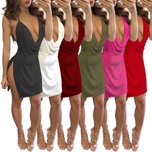 Sexy Rugloos Halsternek Mini Jurk Voor Dames Effen Kleur Diepe V-Hals Bodycon Zijsplit Slip Jurk Nachtclub Partywear
