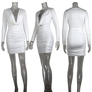 Front, side, and back views of a white ruched deep V-neck long sleeve bodycon mini dress