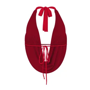 Detailed front view of a wine red halter neck top with sexy cowl drape and tie-up design