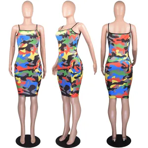 Detailed front side and back view of a multi-colored camouflage bodycon camisole dress