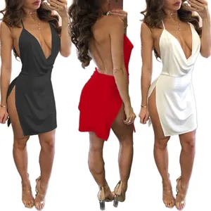 Detail view of sexy backless low-cut mini dresses in black, red, and white.