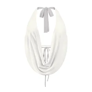 Detail view of a sexy white halter neck draped top featuring an elegant back tie closure.