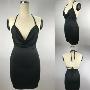 Detailed views of a sexy black backless halter dress with bandage tie design shown on mannequin