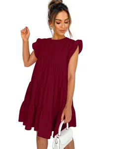 Burgundy summer tiered mini dress with ruffle cap sleeves for a casual look