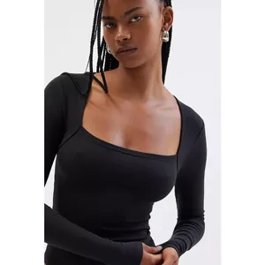 Close-up of a ribbed black long-sleeve top showing the square neckline texture.