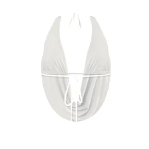 Front view detail of a sexy white halter neck bikini top with plunging neckline and ties