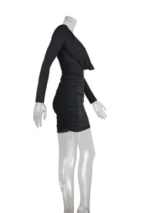 Side view of a black long-sleeved cowl neck mini bodycon dress with ruched details.