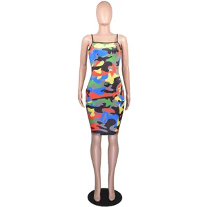 Vibrant colorful camouflage print bodycon mini dress with slim spaghetti straps shown on a mannequin