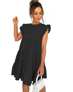 Elegant women's black ruffle sleeve tiered pleated mini dress shown on a model