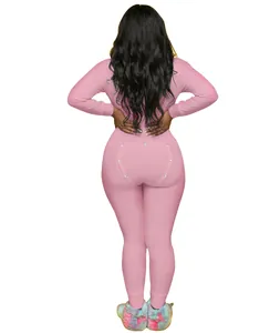 Womens pink long-sleeved thermal pajamas jumpsuit with functional button butt flap
