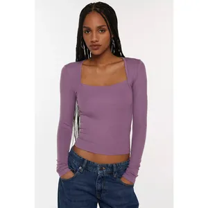 Purple ribbed knit long-sleeve shirt featuring an elegant square neckline shown on model