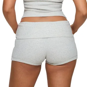 Detailed back view of gray cotton yoga shorts featuring a stylish fold-over waistband