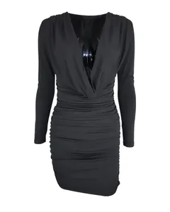 Elegant black long sleeve cowl neck mini bodycon dress with flattering ruched details.