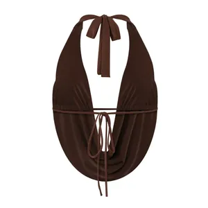 Sexy dark brown backless halter neck top with deep V-neck and elegant draped front