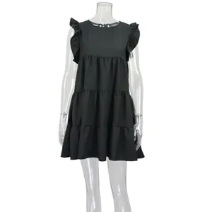 Close-up detail view of elegant black ruffle sleeve pleated tiered mini dress for women