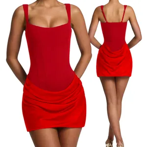 Red corset style mini dress with draped skirt front and back view