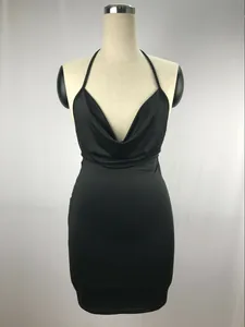 Detailed front view of a sexy black halter-neck bodycon dress with a draped cowl neckline