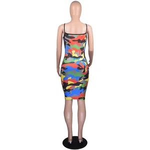 Back view of sexy slim-fit colorful camouflage slip midi dress on mannequin.